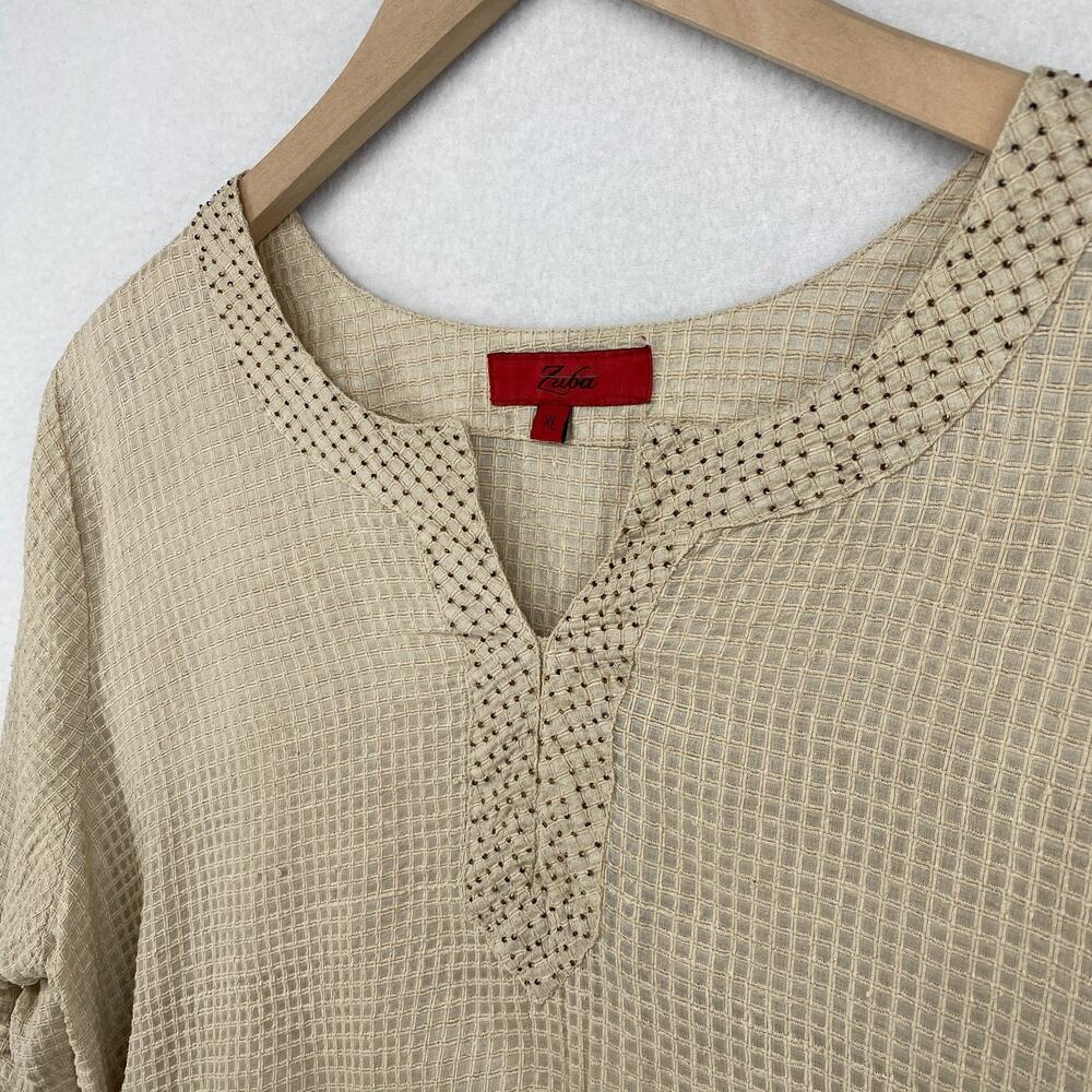 ZUBA Tunic Womens XL Silk Kurta Check Textured Beaded 3/4 Sleeve Beige